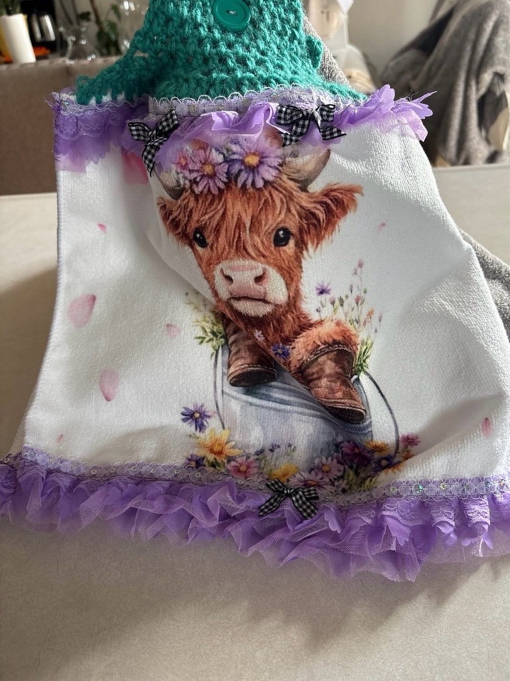 Purple Floral Highland Cow Decorative Kitchen Towel new home made crochet top